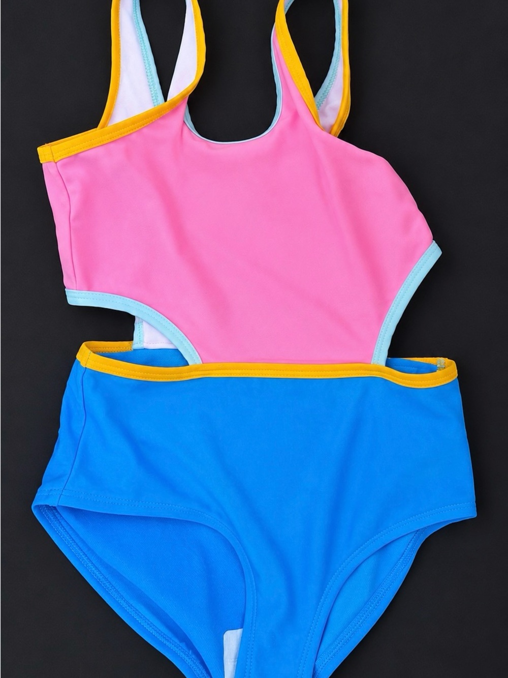 DSG Pink & Blue Kids One-Piece Swimsuit with Yellow Trim